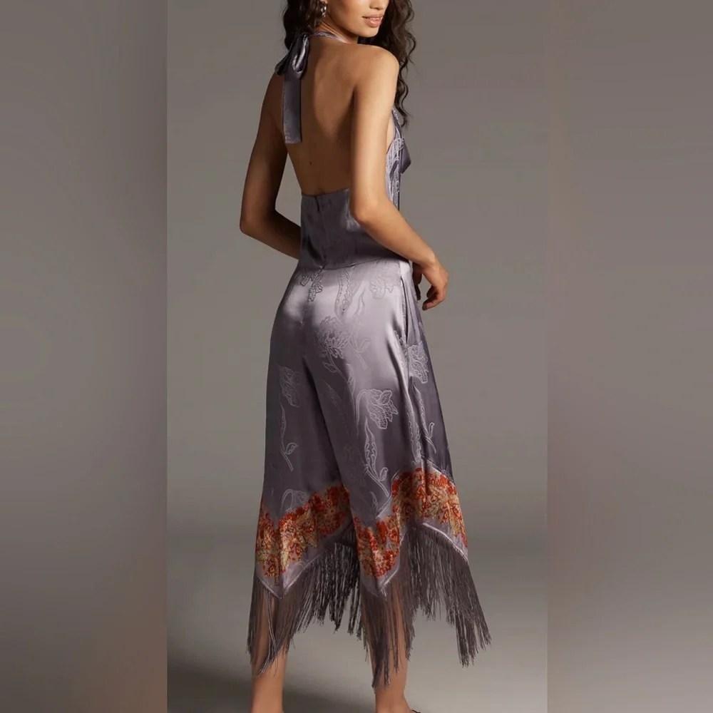 By Anthropologie Fringe Cowl Neck Jumpsuit Soft Violet size 16 NEW $198 - Picture 3 of 14